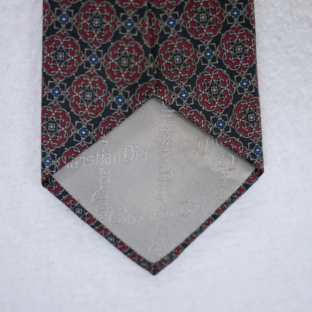 Christian Dior Silk Tie Mens Burgundy Red Navy Blue Geometric Medallion Italy - Picture 3 of 5